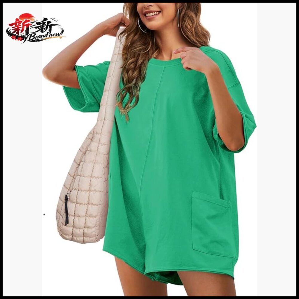 Cotton Spandex Romper Relaxed Fit Short Sleeve Scoop Neck